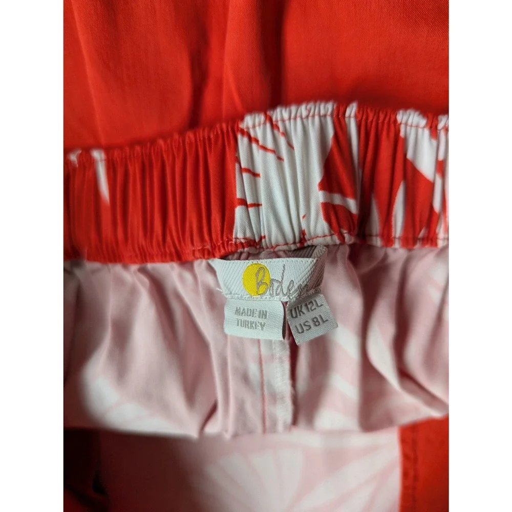Boden‎ Red White Resortwear Palm Leaf Print A-Line Skirt Elastic US 8L UK 12L